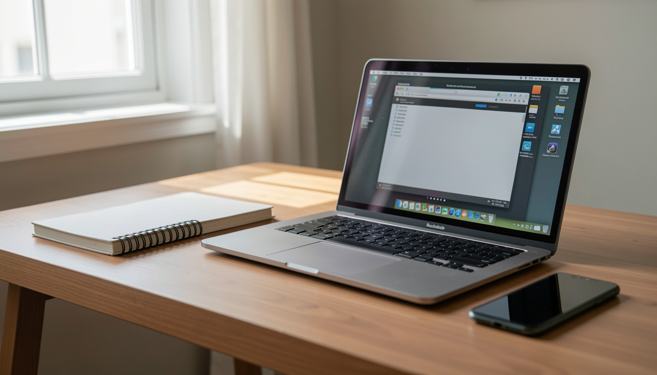 A laptop on a wooden desk beside a notebook and a phone, lit by soft window light from the left, shot at a slight angle with the screen glow visible.