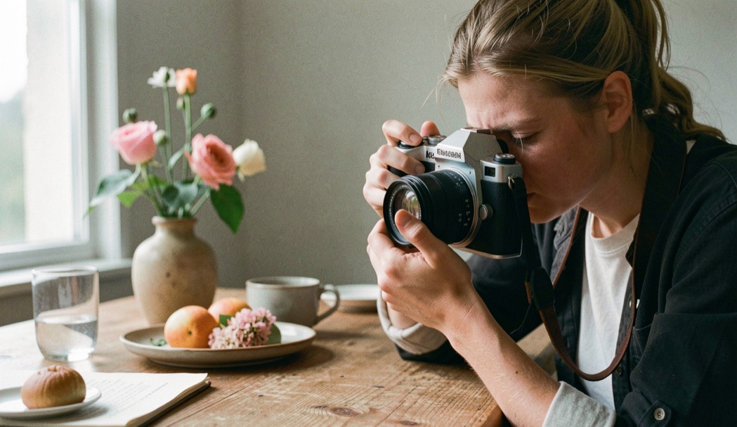 A photographer adjusting aperture on a camera while a soft-lit still life waits on the table