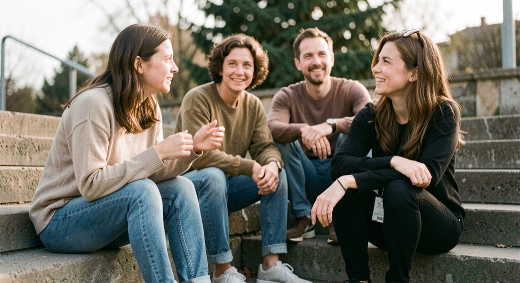 A small group arranged on steps while one person turns to listen during a relaxed portrait session