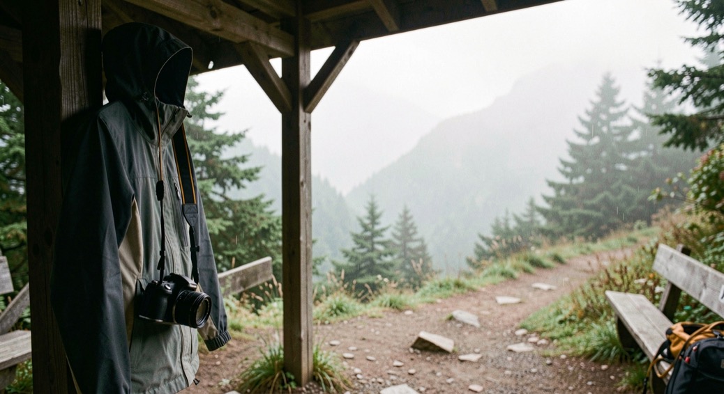 A rain jacket and camera strap hanging beside a misty mountain view through a trail shelter