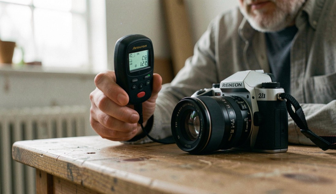 A photographer checking a hand-held light meter beside a camera on a wooden studio table