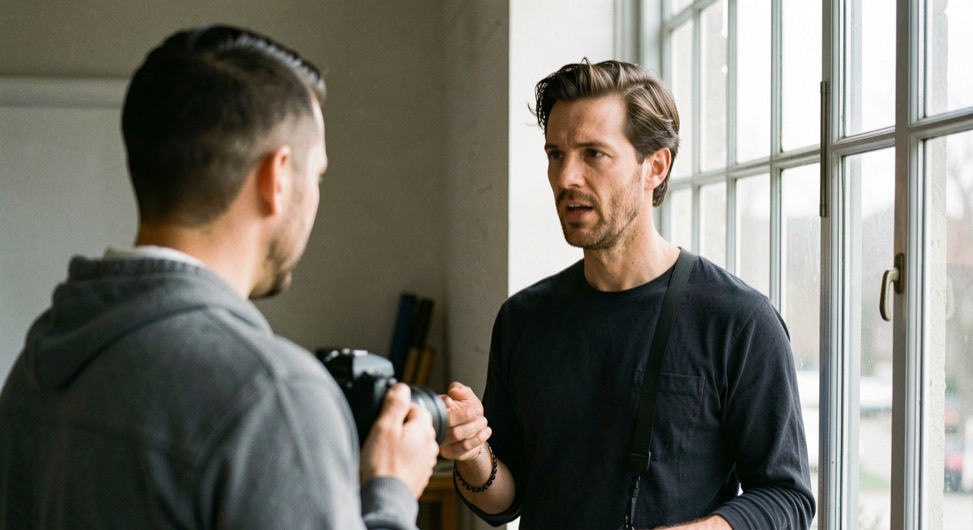 A portrait photographer speaking with a subject beside a tall window in a quiet daylight studio