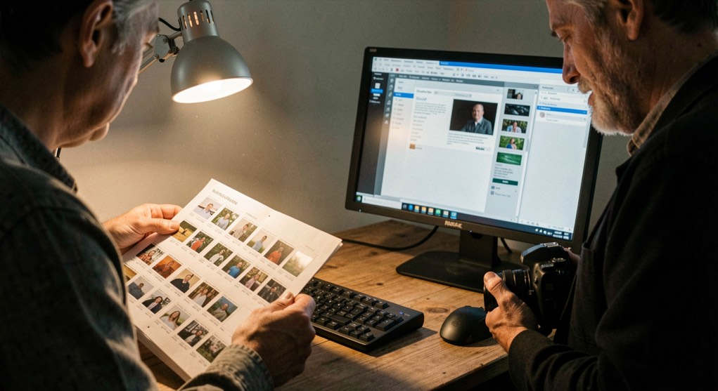A photographer reviewing contact sheets under a warm desk lamp beside a calibrated monitor