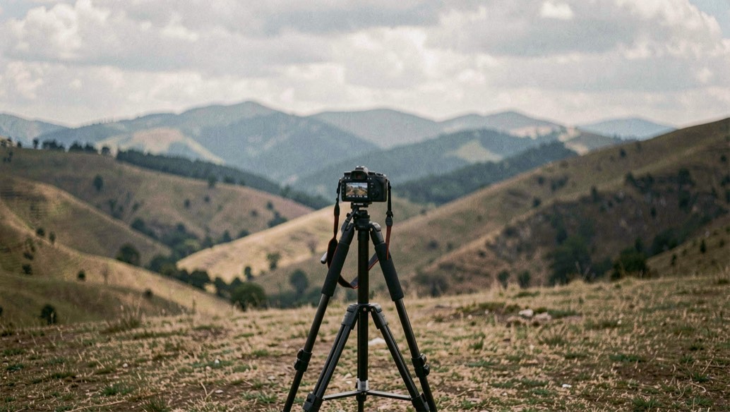 A tripod-mounted camera facing layered hills with a textured foreground under soft cloud