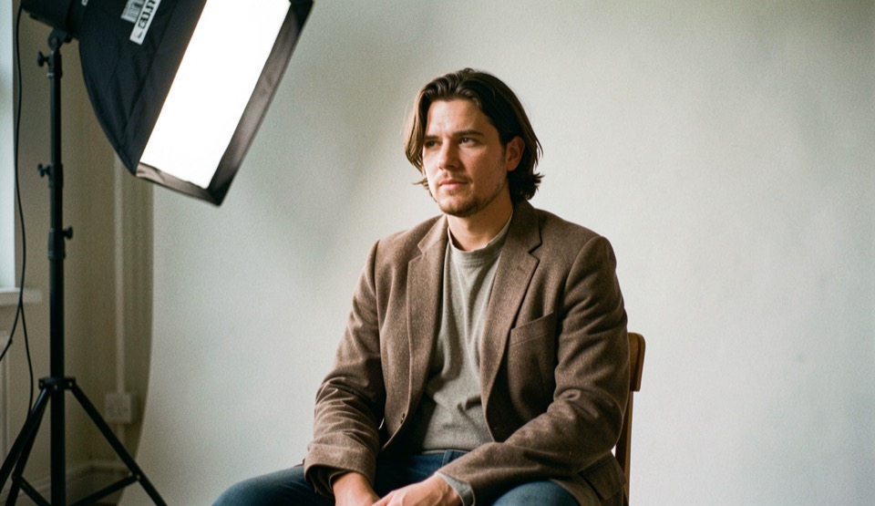 A seated portrait subject lit by one softbox high and camera left in a quiet studio